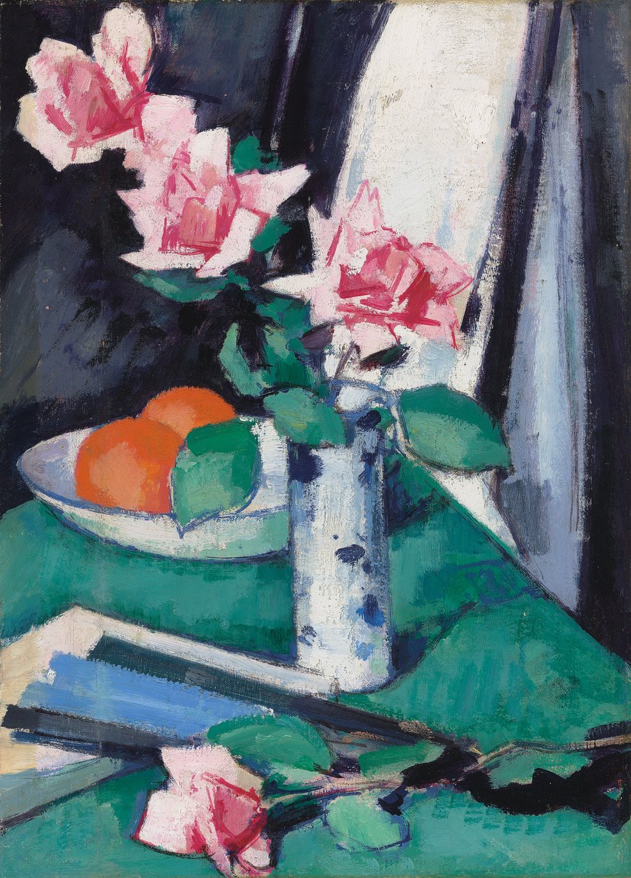 Still Life with Pink Roses and Oranges in a Blue and White Vase by Samuel John Peploe