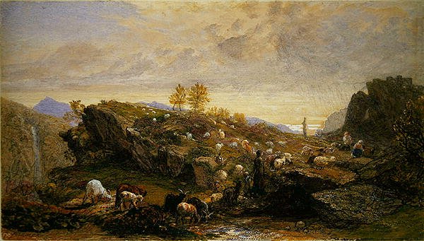 Rustics with Sheep and Goats in a Rocky Landscape by Samuel Palmer