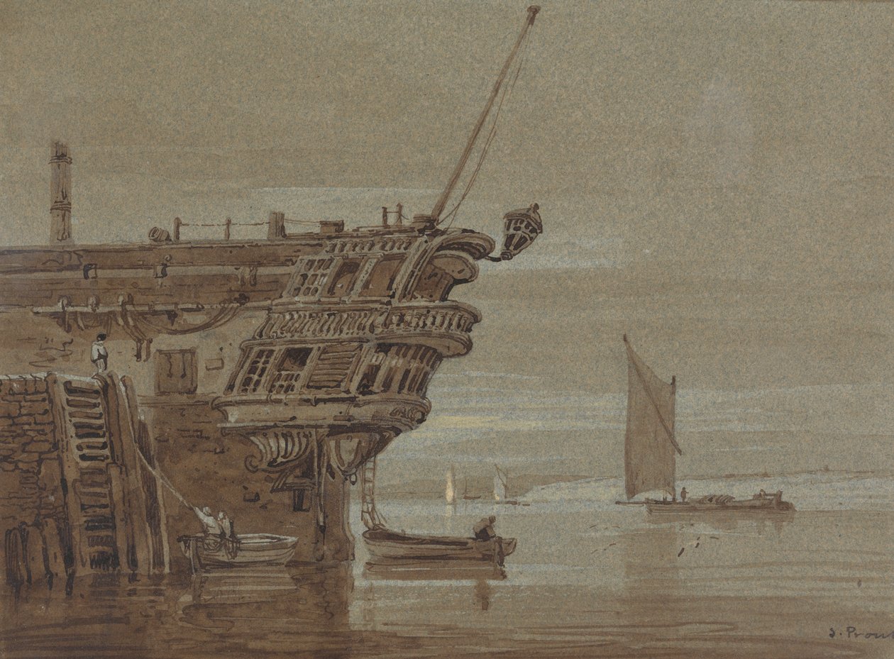 An East Indiaman Moored, Small Boats Alongside, Other Boats Further Off by Samuel Prout