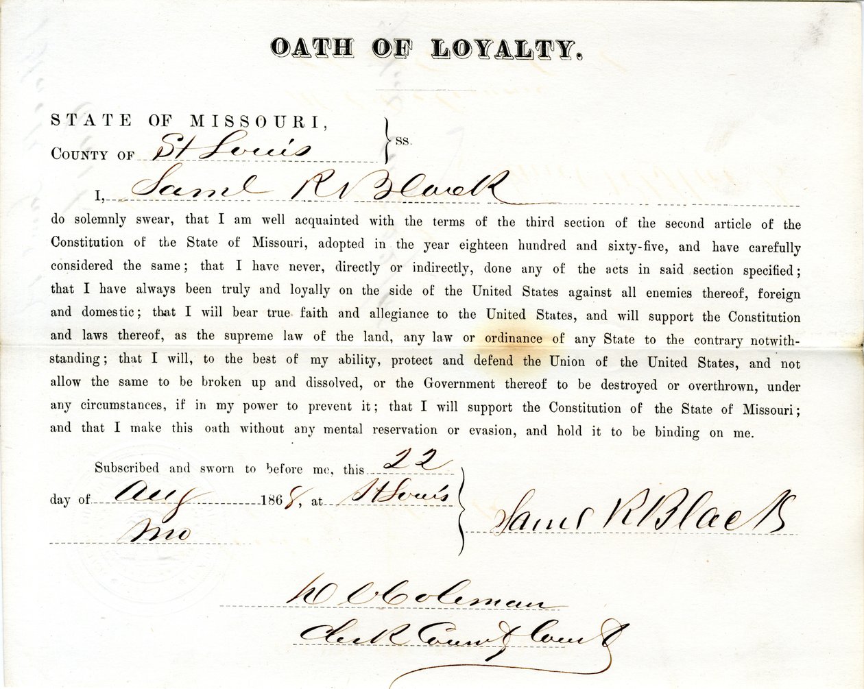 Loyalty oath of Samuel R. Black of Missouri, County of St. Louis by Samuel R. Black