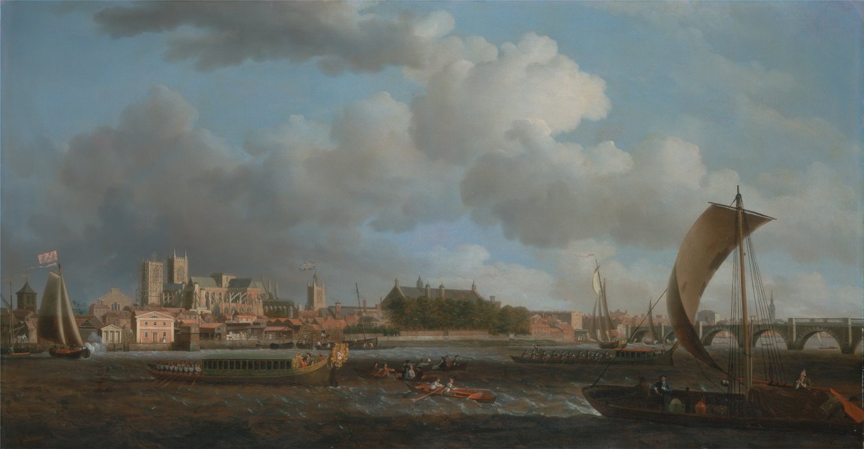 Westminster from Lambeth, with the Ceremonial Barge of the Ironmongers Company by Samuel Scott