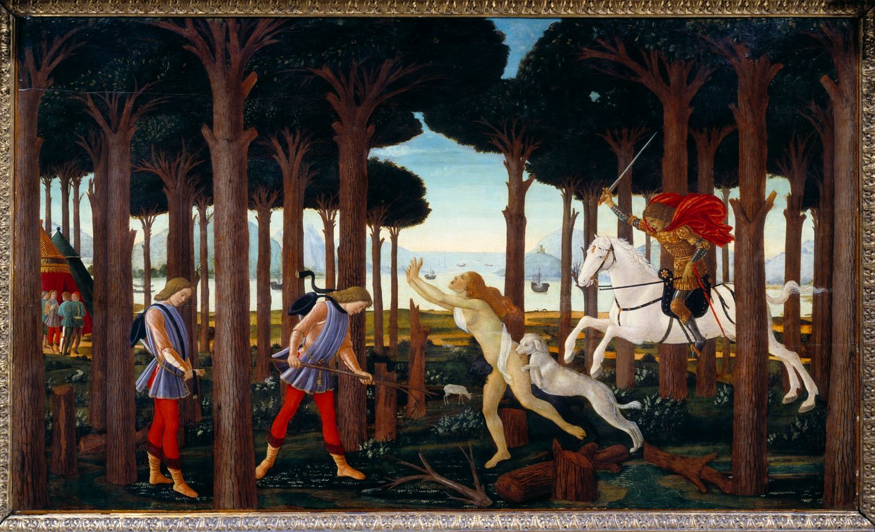 History of Nastagio degli Onesti: Meeting with the Damned of the Pine Forest (First Panel) by Sandro Botticelli