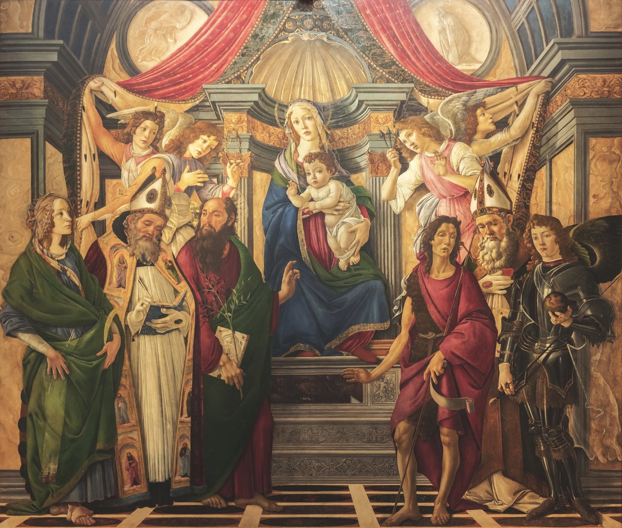 Altarpiece, Main Panel: Enthroned Madonna, Four Angels and Saints by Sandro Botticelli