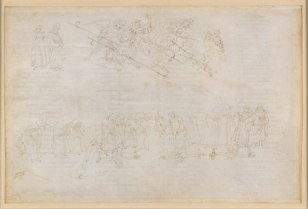 The Divine Comedy, Inferno XXIII. Virgil and Dante in the Eighth Circle of Hell (Malebolge), 6th Bolgia: Punishment of the Hypocrites by Sandro Botticelli