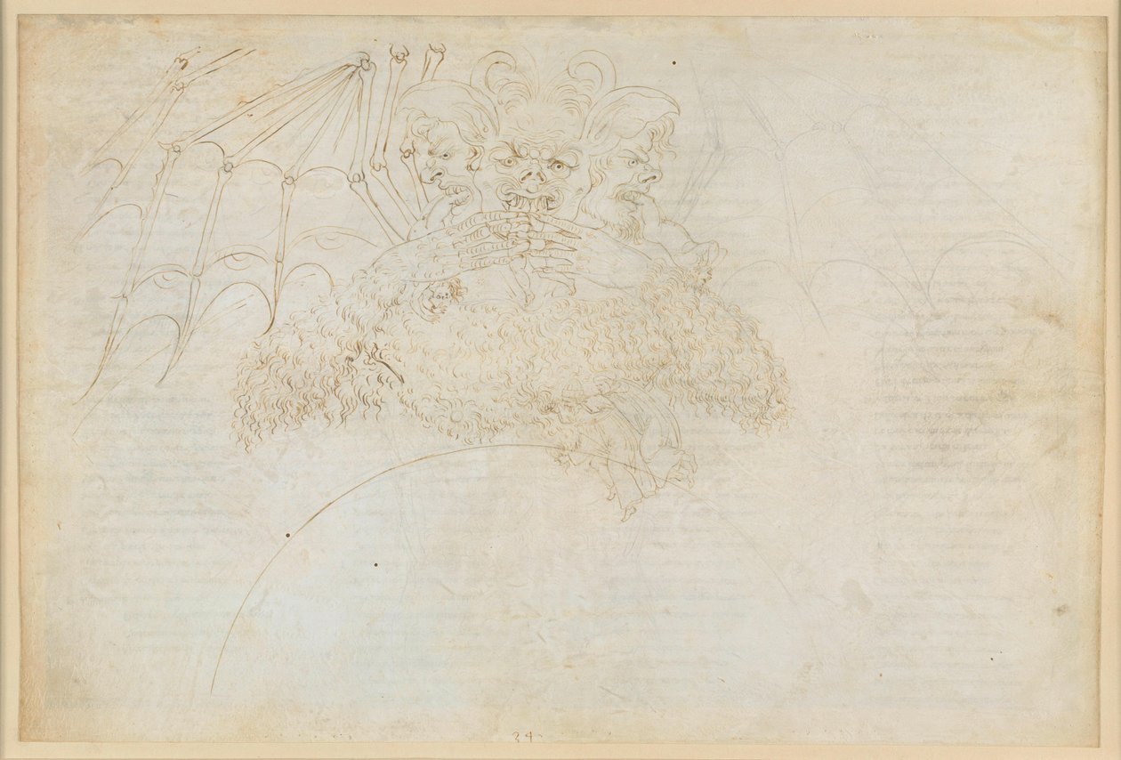 The Divine Comedy, Inferno XXXIV (1): Center of Hell: Lucifer in the Ice of Giudecca, Crushing Judas, Brutus, and Cassius by Sandro Botticelli