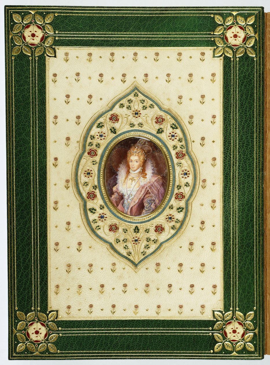 An oval portrait of Queen Elizabeth I by Sangorski and Sutcliffe