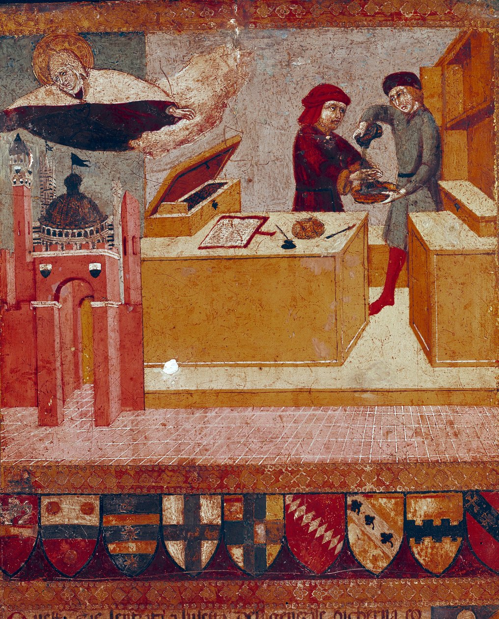 The camerlinguist symbolically washes his hands while the benevolent and protective Virgin flies over the city of Siena (detail) by Sano di also Ansano di Pietro di Mencio Pietro