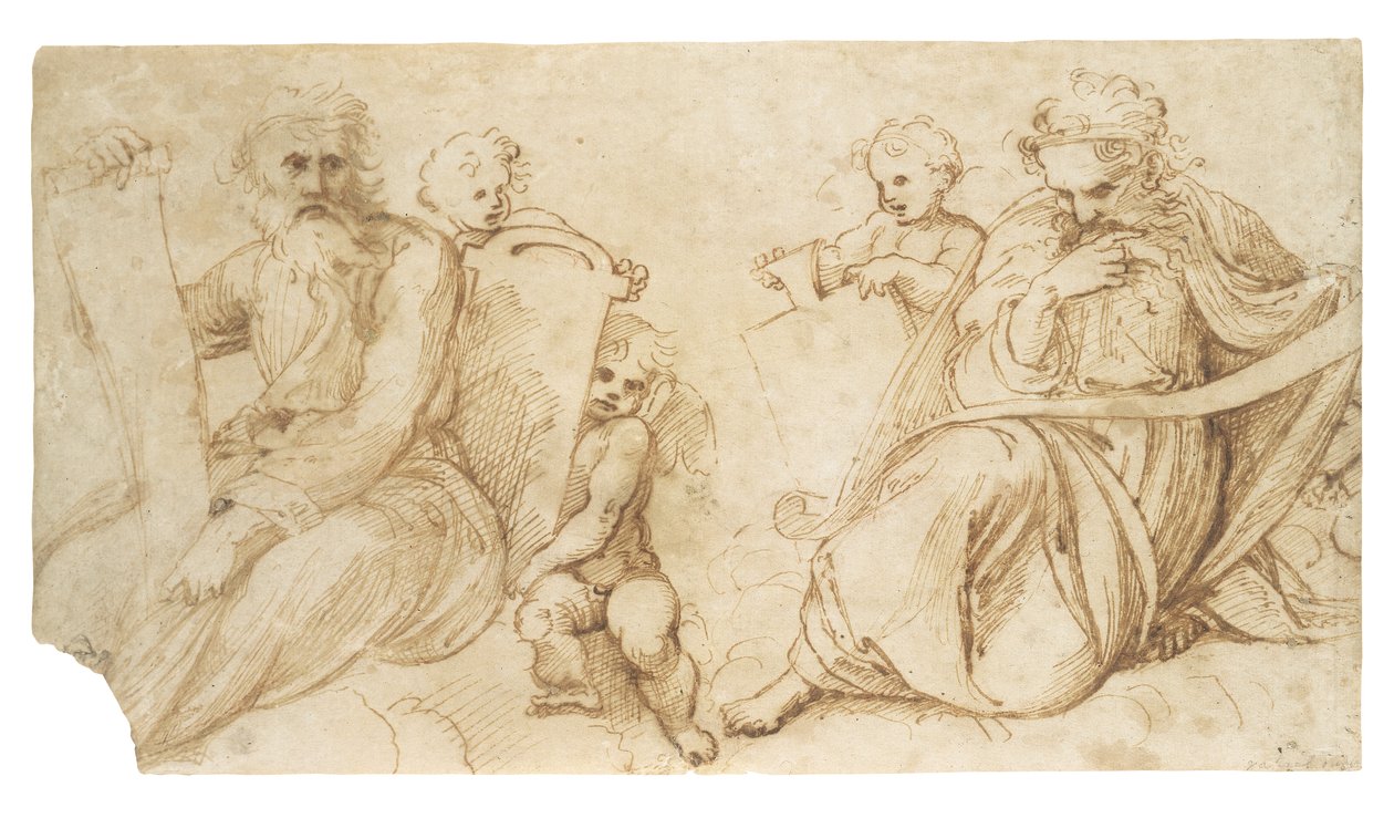 Two Prophets with Scrolls Seated with Putti Holding Tablets by Sanzio of Urbino Raphael