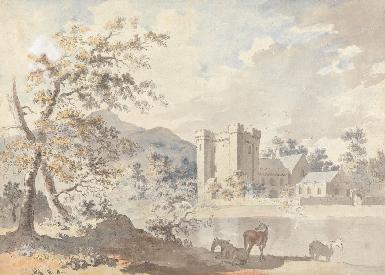 Castle below mountains with horses by a river by Sawrey Gilpin