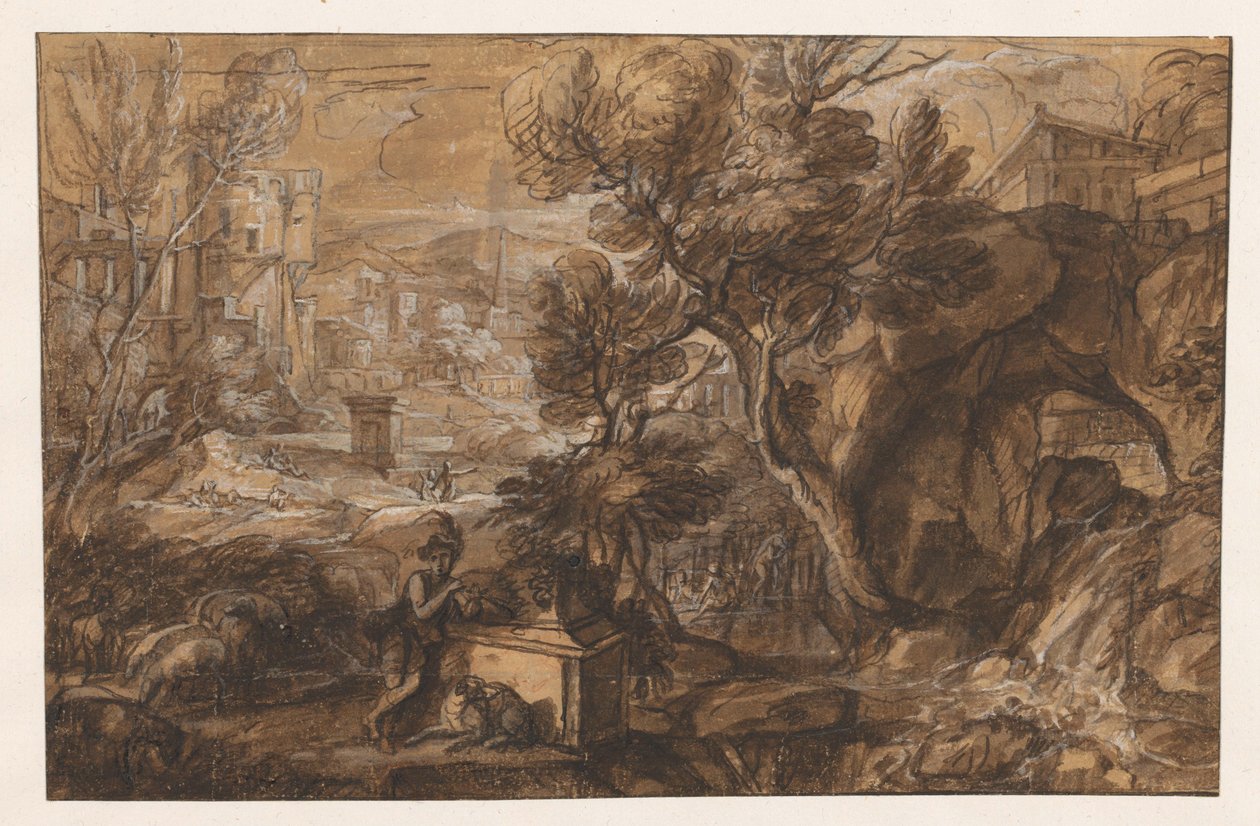Landscape with Shepherd by Ancient Sarcophagus by Sébastien Bourdon (attributed to)