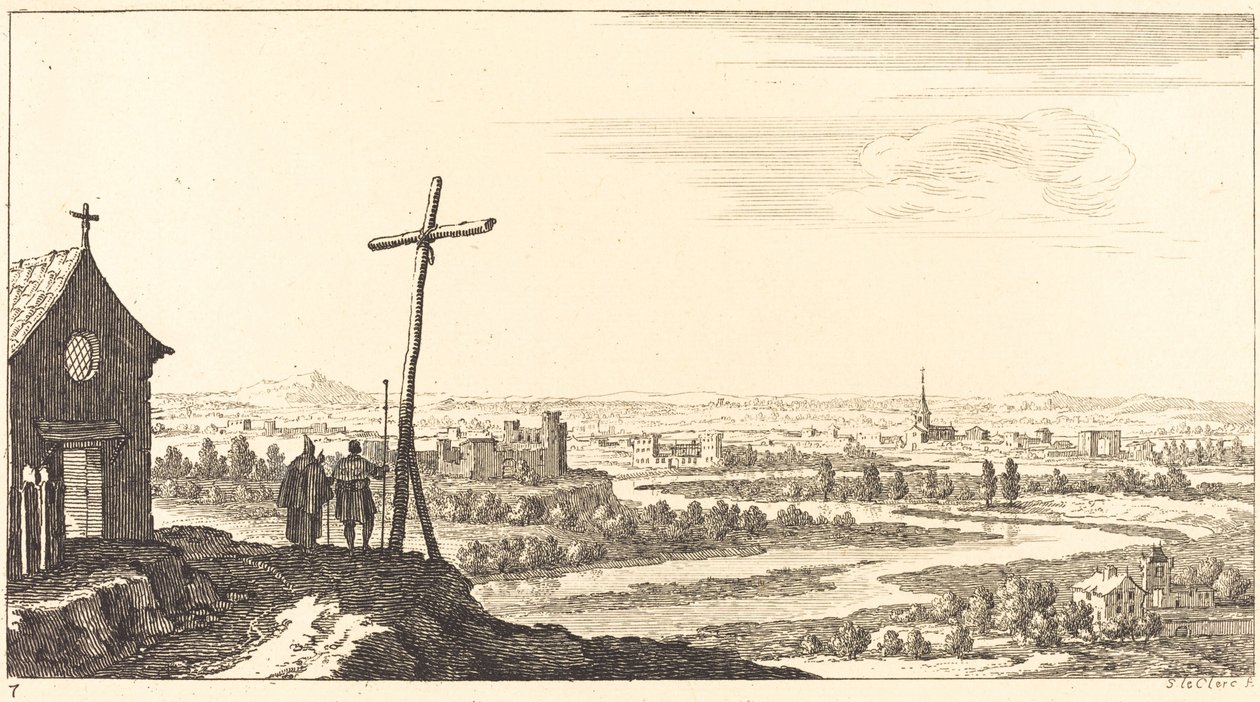 Landscape with Church and Town in Distance by Sébastien  Le Clerc I