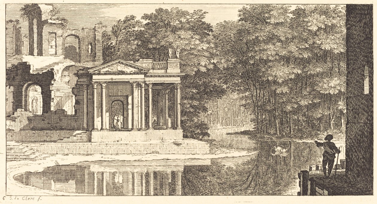 Landscape with Temple Ruins and Pond by Sébastien  Le Clerc I