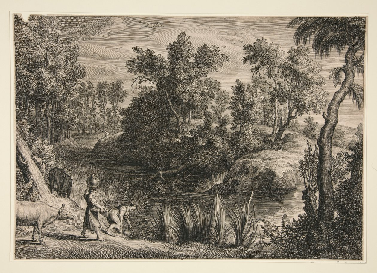 Two Women Taking Water from a Stream by Schelte Adams Bolswert
