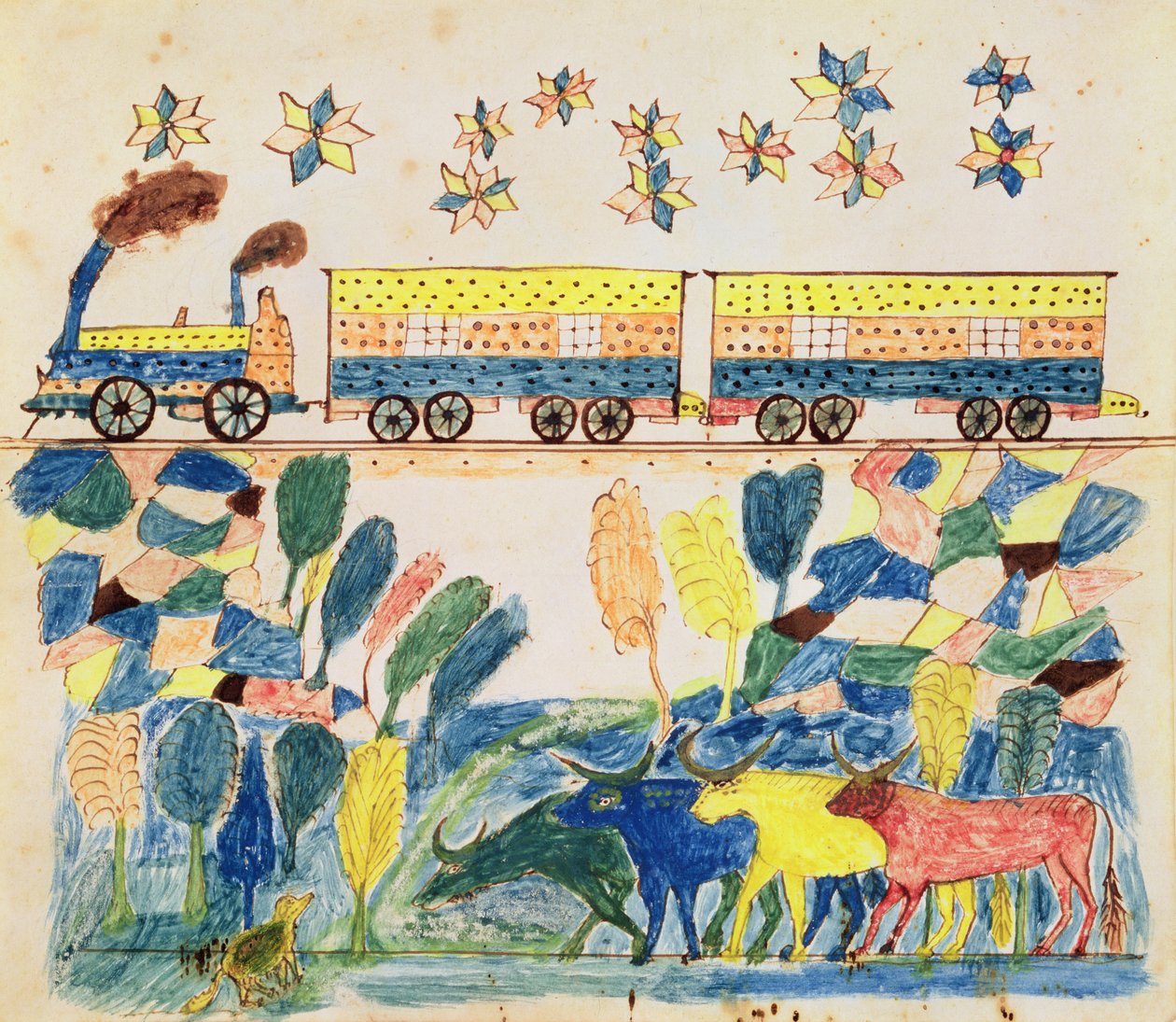 Freight Train and Landscape with Cattle by School American