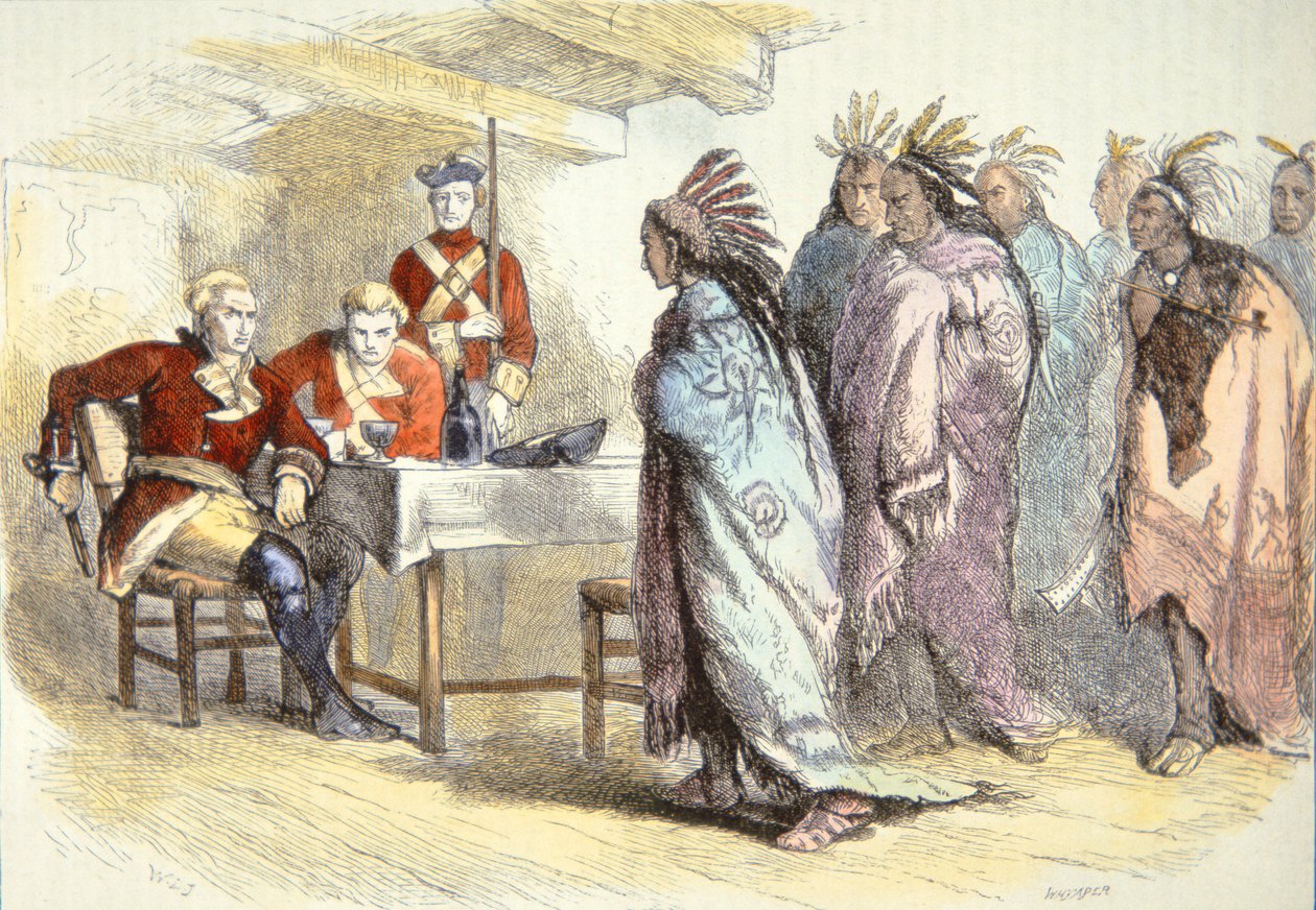Pontiac visits Major Gladwin at Fort Detroit in 1763 by School American