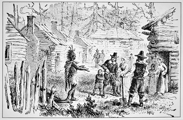 Samoset, chief of the Pemaquids visits the Pilgrim Fathers in 1621 by School American