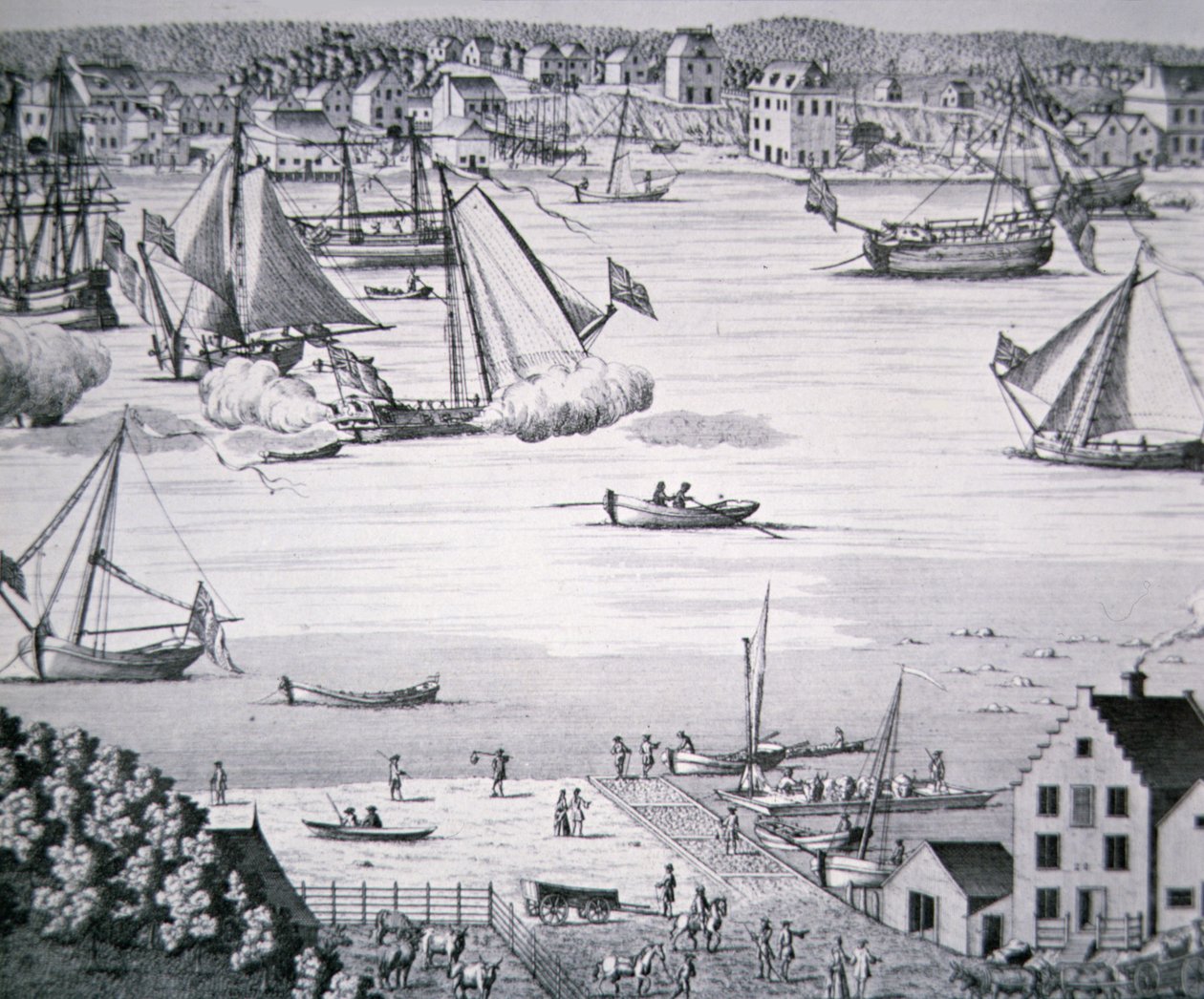 View of the East River, New York c.1750 with a ship-building centre by School American