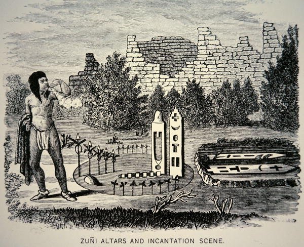 Zuni Tribesman blowing pollen over a Pueblo shrine (engraving) by School American