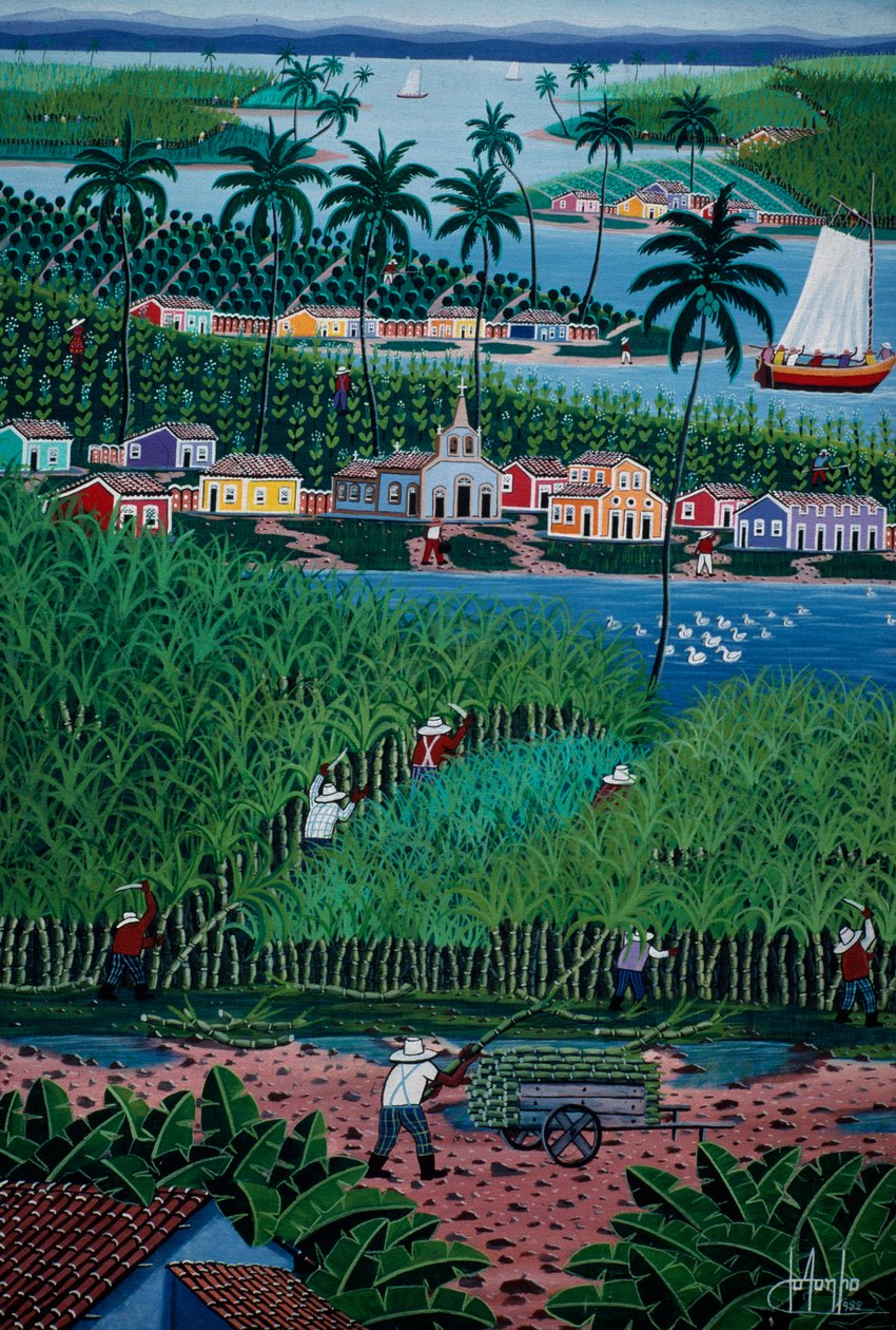 Naive Art Painting Depicting Bamboo Harvesting by School Brazilian