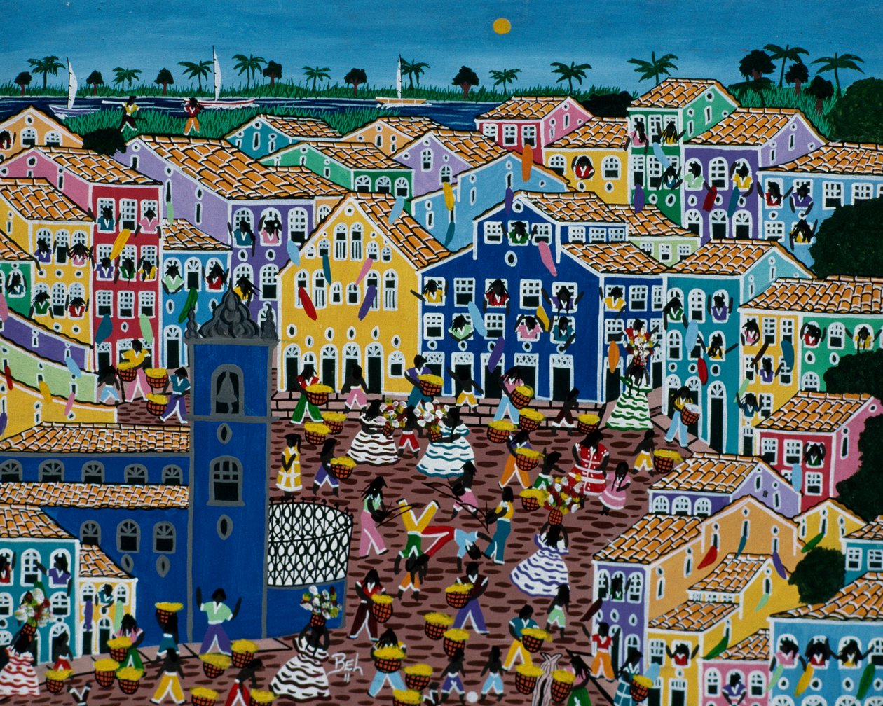 Naive art painting depicting market, Bahia State, Brazil by School Brazilian