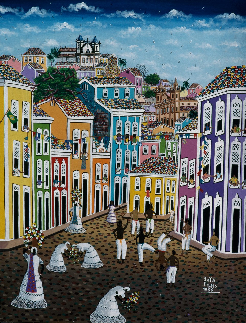 Naive art painting depicting street scene, Bahia State, Brazil