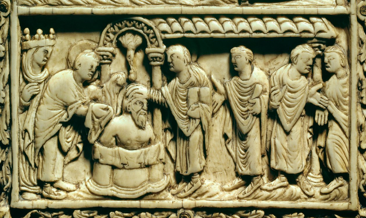 Carolingian Art: (detail) the baptism of Clovis I (466-511) in the presence of Queen Clothilde on 25/12/498. 9th century. Amiens, Picardy Museum. by School Carolingian