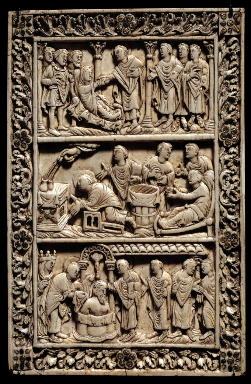 Carolingian Art: miracle of the Holy Bulb, ivory diptych depicting at the top, the resurrection of a young girl, in the centre a sick baptism, at the bottom the baptism of Clovis I (466-511) in the presence of Queen Clothilde on 25/12/498. 9th century. Ami by School Carolingian