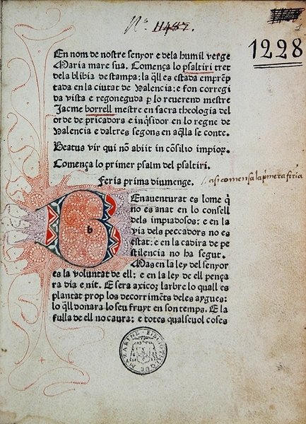 Psalter of Boniface Ferrer, Corrected by Jaime Borrell, Printed by Nicolaus Spindeler in Barcelona in 1480 by School Catalan