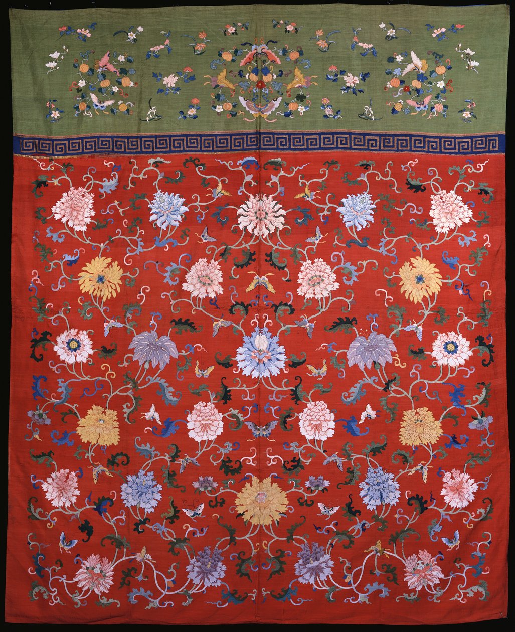A large hanging woven in kossu in coloured silks against a red ground, with an upper border of apple green, Chinese 18th or 19th century by School Chinese