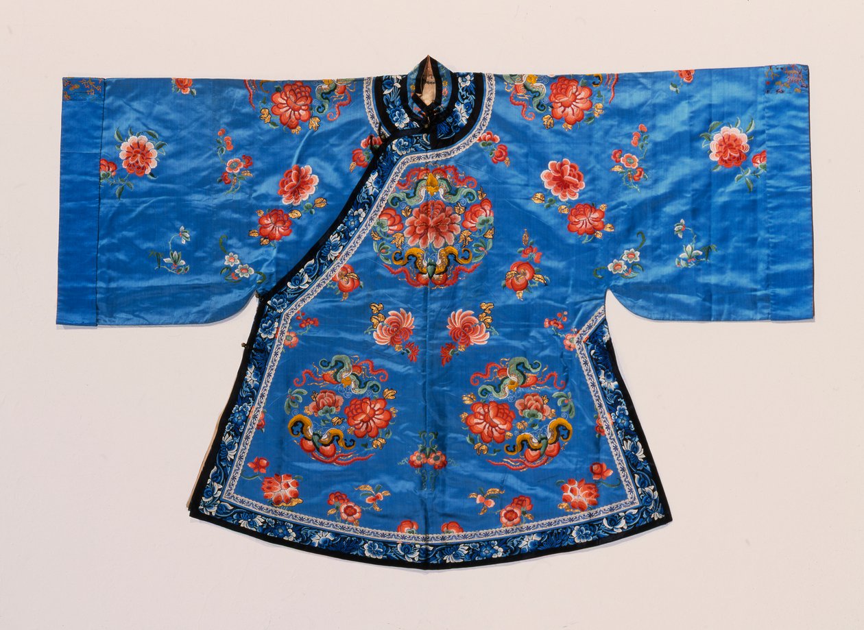 An informal robe of forget-me-not blue satin, embroidered in silks with peony and butterfly roundels scattered with lotus flowers, peaches and other fruit and flowers by School Chinese