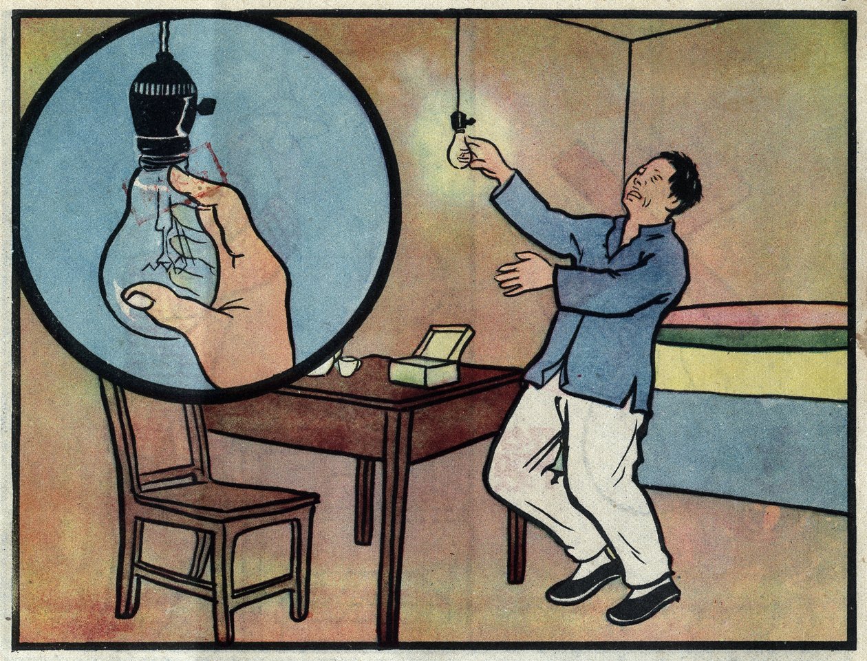 Drawing Showing the Danger of Touching a Lit Light Bulb with the Hand. Illustration in 