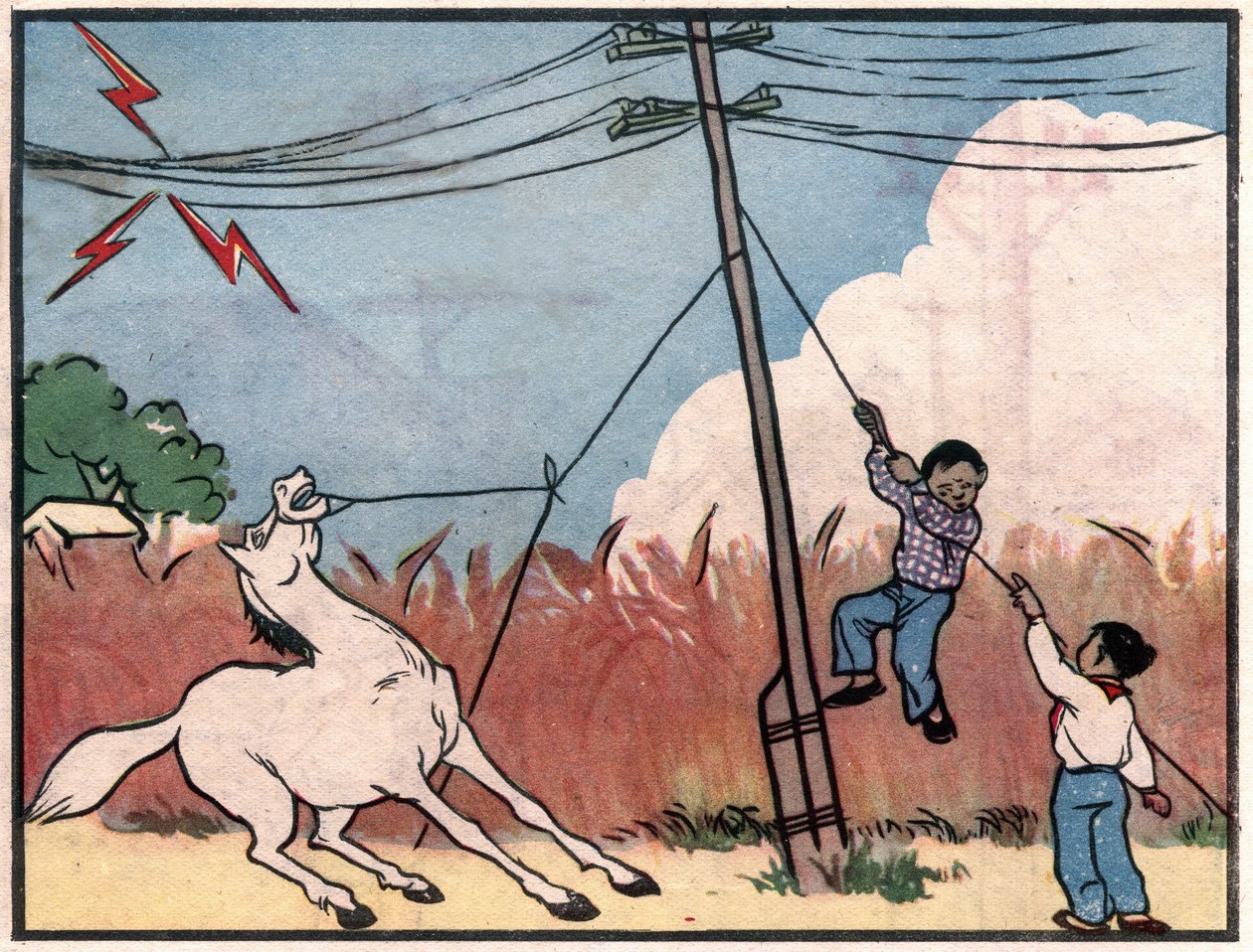 Drawing Warning of the Danger of Electric Poles, Children Should Not Attach Animals or Climb on Them. Illustration, in “How to Use Electricity Safely”, China by School Chinese