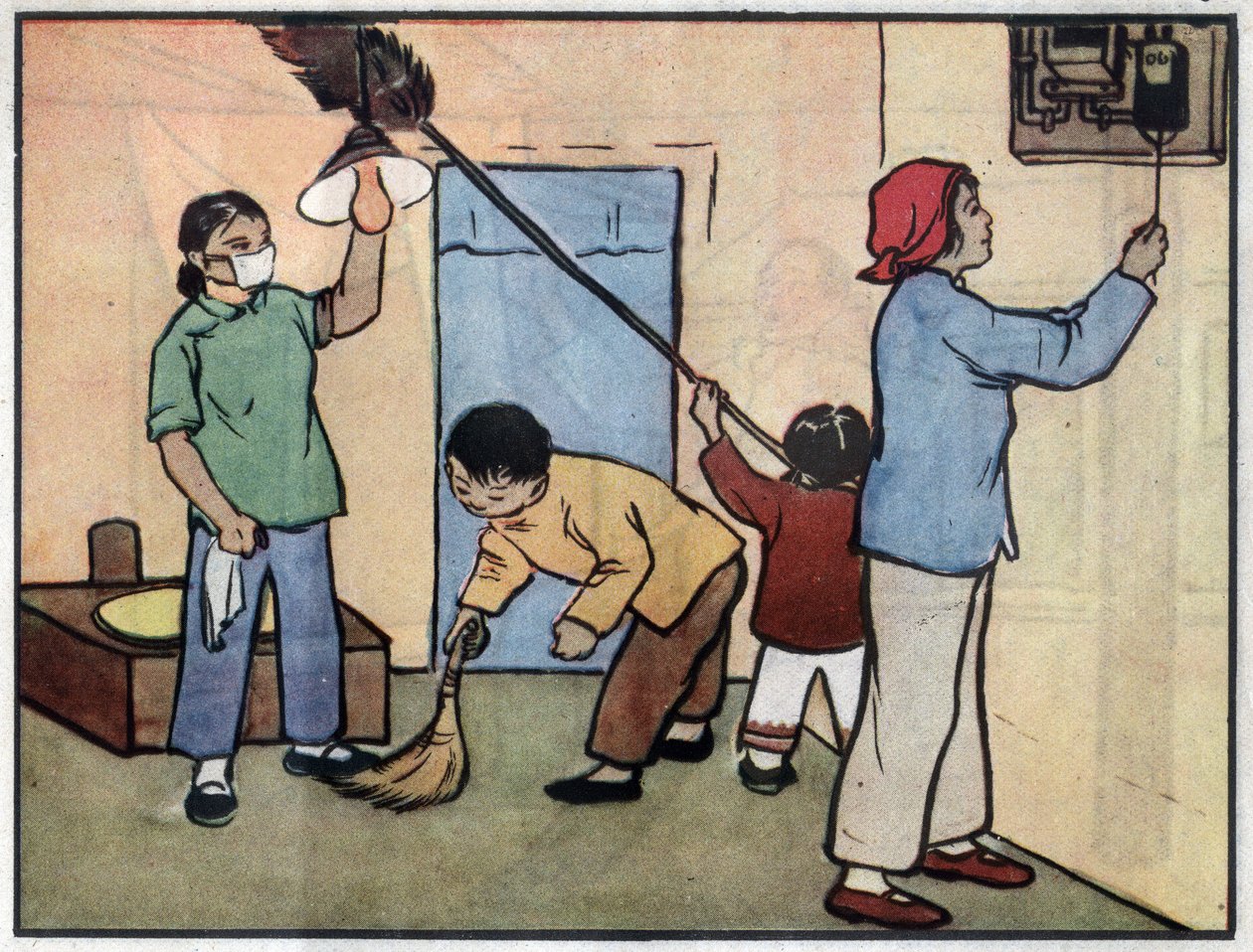 Drawing with a Family Maintaining the Interior of Their House. Illustration, in “How to Use Electricity Safely”, China by School Chinese