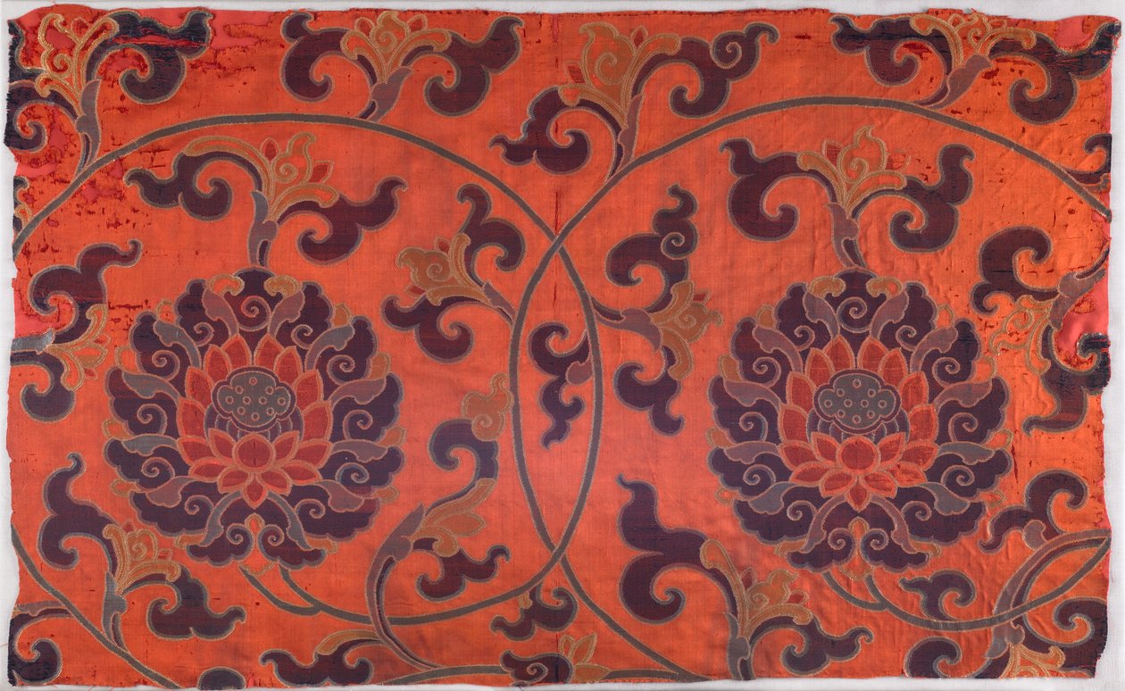 Fragment of Textile with Design of Scrolling Lotus Flowers, Stems and Leaves by School Chinese