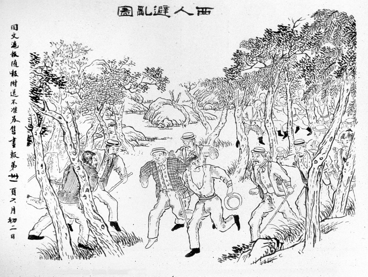 Revolt of the Boxers: Europeans fleeing from the Boxers. Illustration published in the 