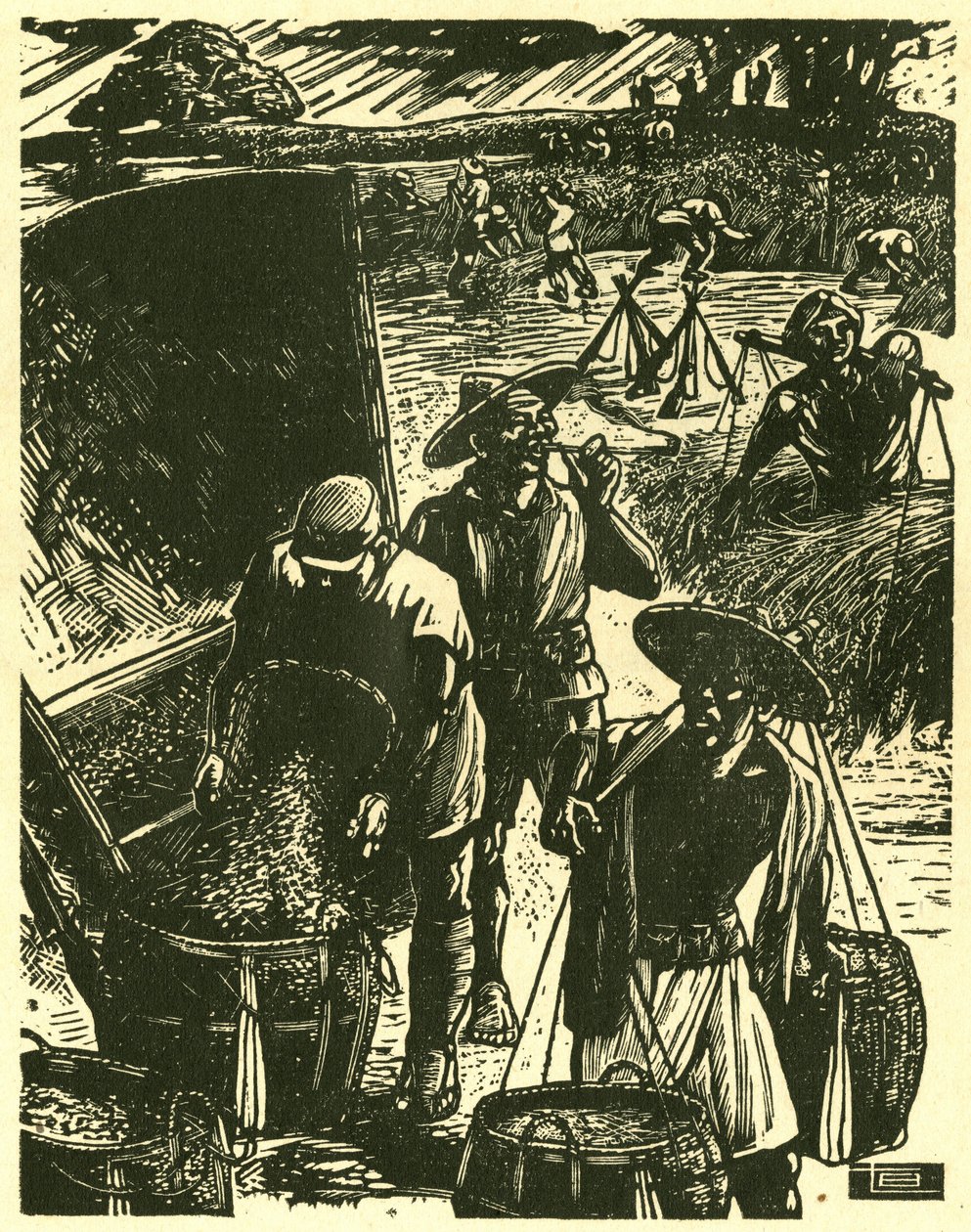 Soldiers and Civilians Co-operative from Sung Ping-heng, Soldiers and Peasants Working Together to Recover Wheat. Wood Engraving, in “Woodcuts of War-time China 1937-1945”, Shanghai by School Chinese