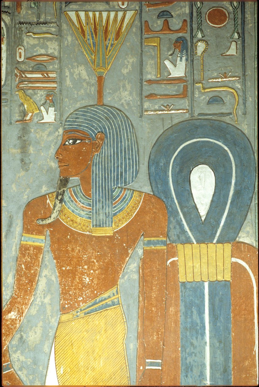 Ancient Egypt, Painting, Tomb of Horemheb, Thebes 18th dynasty, God Nefertum and Knot of Isis, Nefertum or Nefertem with a water lily or lotus headdress by School Egyptian