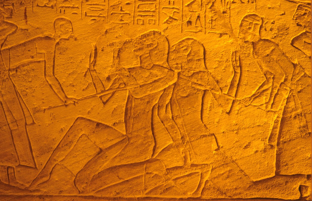 Ancient Egypt, Wall Painting/Carving, Hittite Prisoners Being Beaten with Sticks, Temple of Rameses II and Nefertari, Abu Simbel by School Egyptian