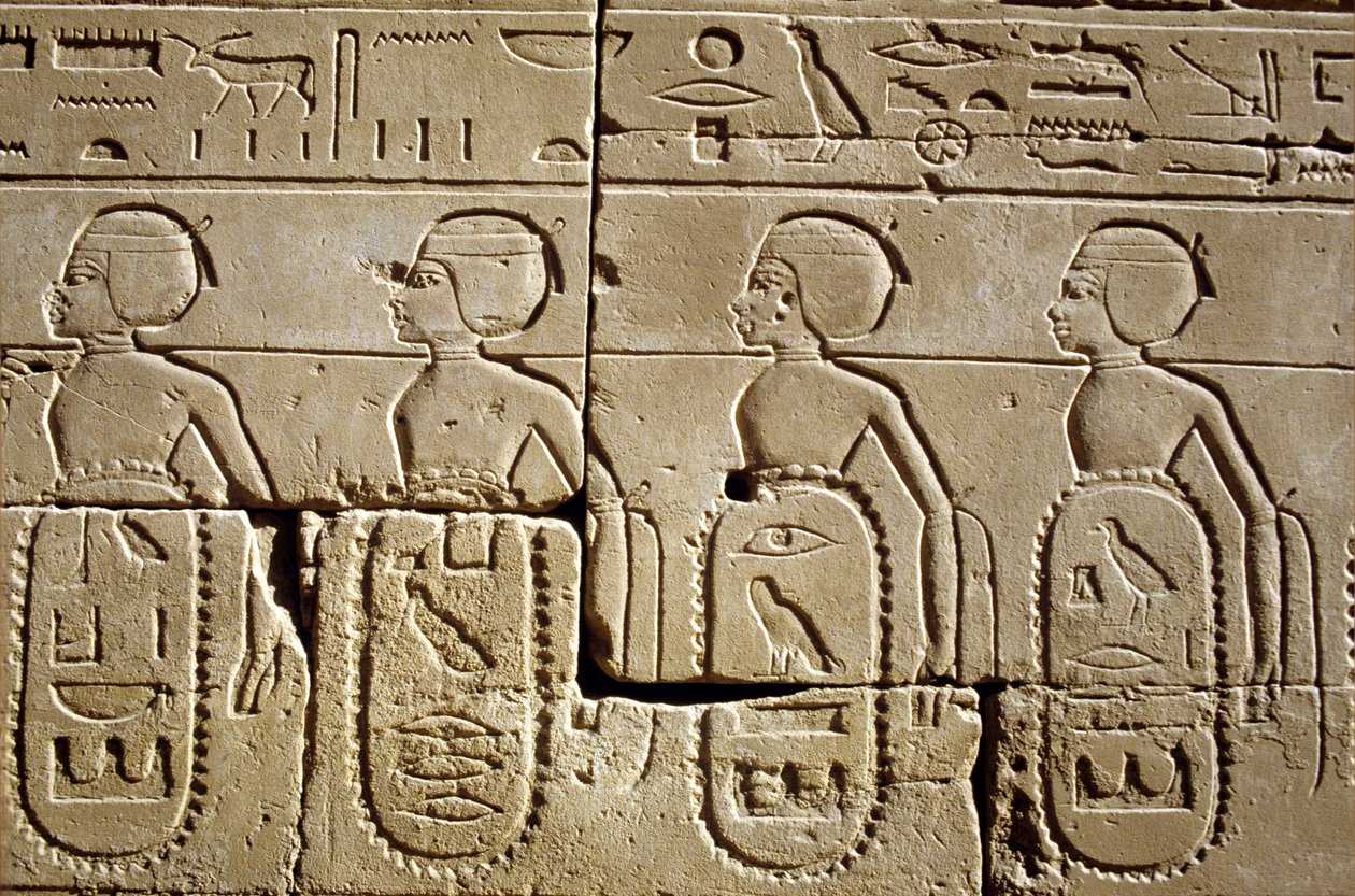 Ancient Egypt, Wall painting/carving, Karnak/Luxor Pylon Six, Part of the lists of tribes of the south and of Syria which were subjugated by Tutmoses III