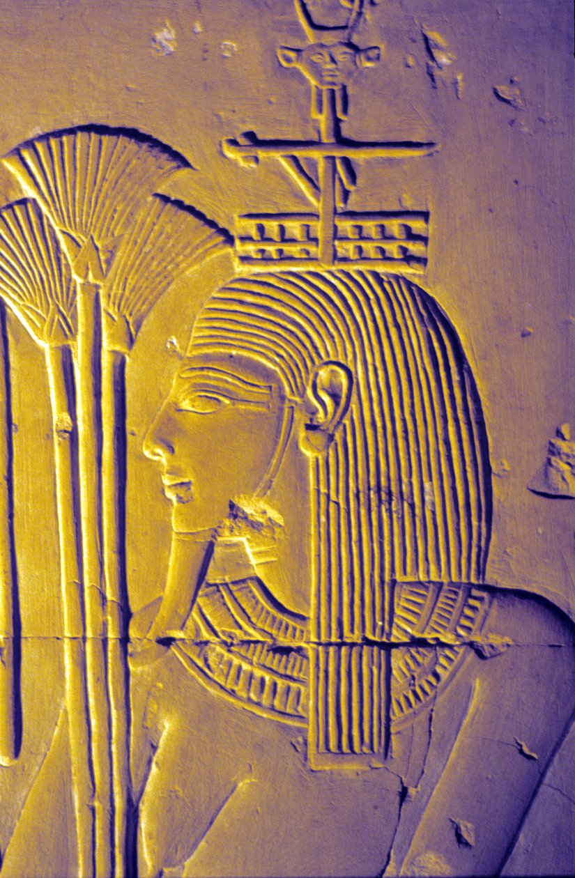 Ancient Egypt, Wall painting/carving, Nile God brings offerings of lotus blooms, Temple of Seti I, Abydos by School Egyptian