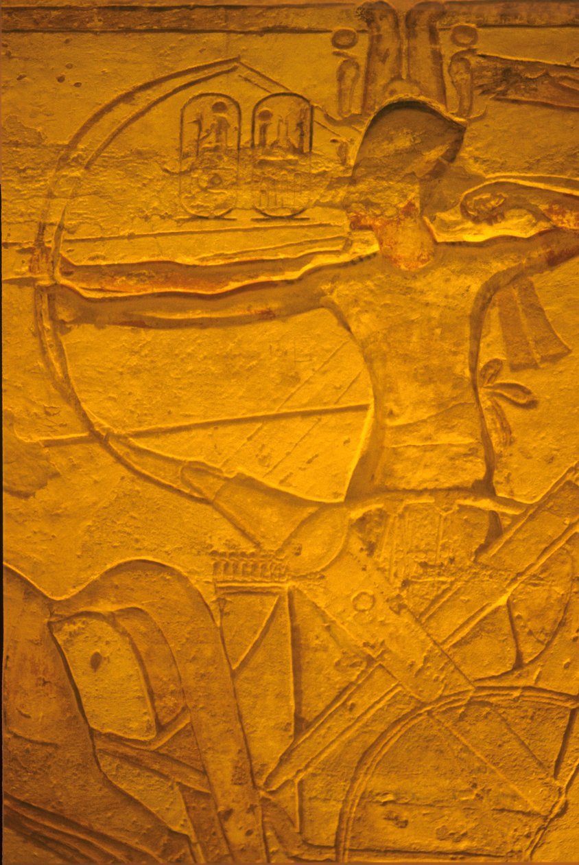 Ancient Egypt, Wall Painting/Carving, Rameses II in His Chariot at the Battle of Kadesh, Temple of Rameses II and Nefertari, Abu Simbel by School Egyptian