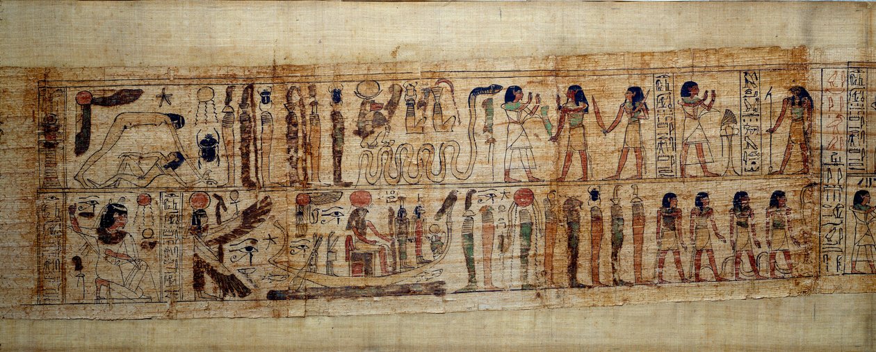 Ancient Egyptian Art Mythological Papyrus of Serimen. On top: during the creation of the world, the god Geb (Earth) is separated from the goddess Nout (heaven); gods and genies from the on. Below: Serimen pays homage to the sun that is flooding with its ra by School Egyptian