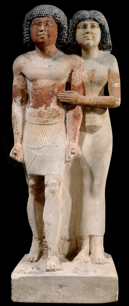 Egyptian antiquity: Limestone statue of Raherka and Meresankh couple. 5th dynasty. Old kingdom (around 2700-2200 BC). Paris, Louvre Museum by School Egyptian
