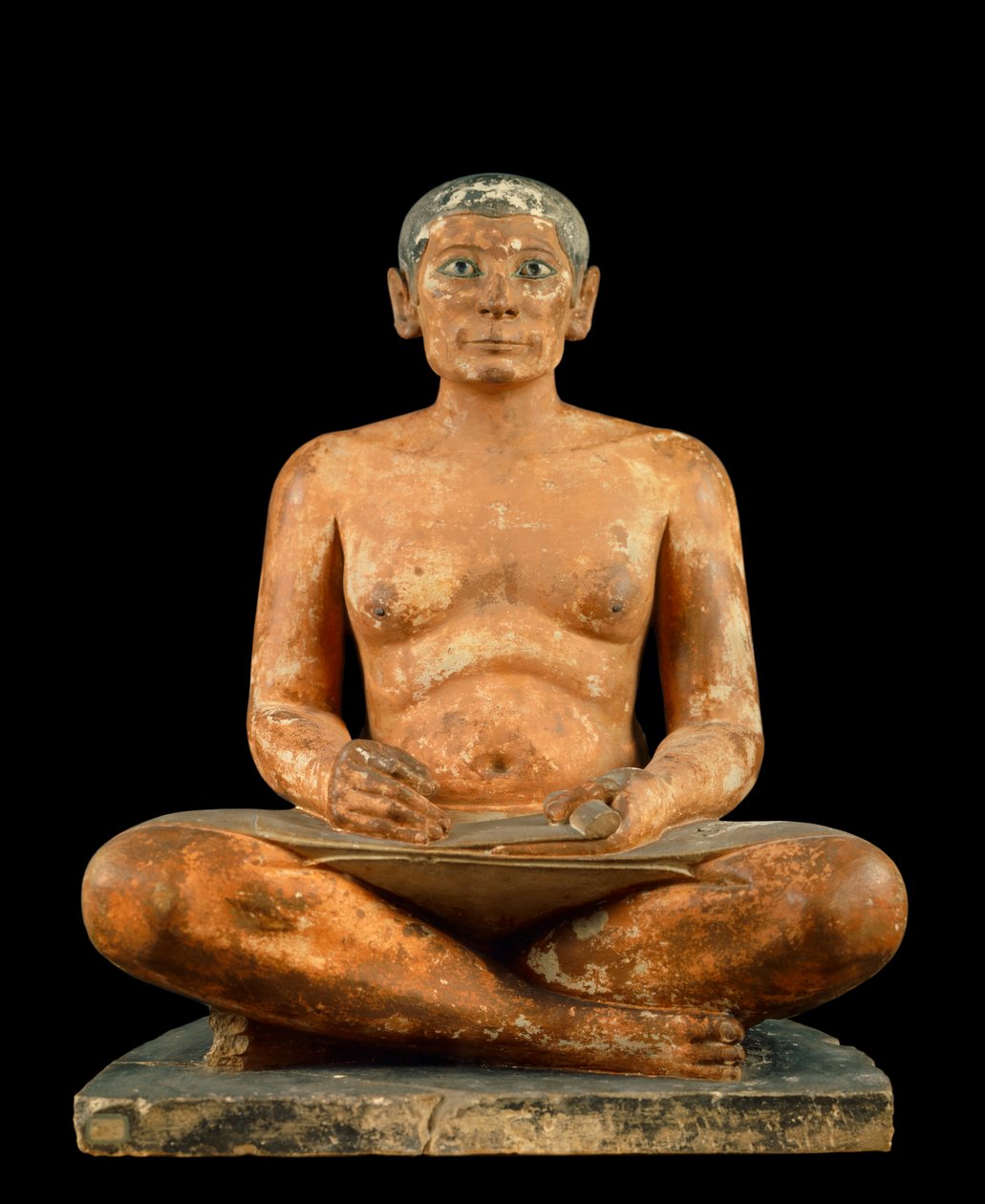 Egyptian Antiquities: The Scribe Squatting. Statue in limestone, albaster and rock crystal. Louvre Museum, Paris by School Egyptian