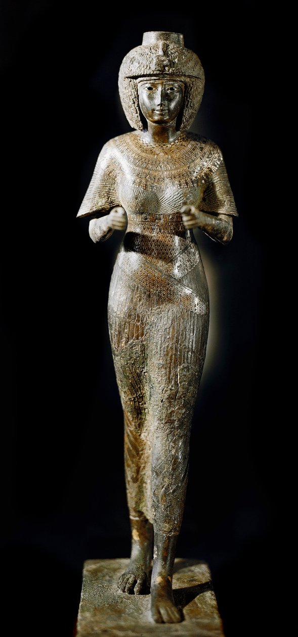 Egyptian antiquity: bronze statue of Queen Karomama, wife of Pharaoh Takelot II. 21st dynasty. Paris, Louvre Museum by School Egyptian