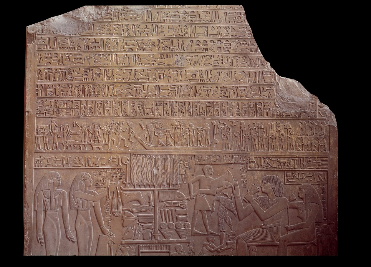 Ancient Egypt: funerary stele covered with an inscription in code language in the form of hieroglyphs. Paris, Louvre Museum by School Egyptian