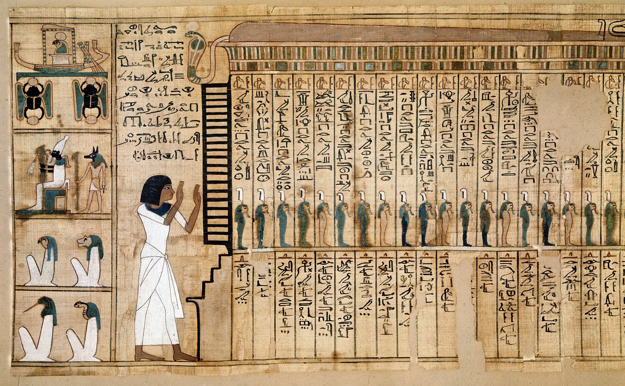 Ancient Egypt: fragment of the Book of the Dead, papyrus of Nebqed. Detail representing the arrival of the deceased in the afterlife. 18th dynasty. 1400-1350 BC. Paris, Musee du Louvre by School Egyptian