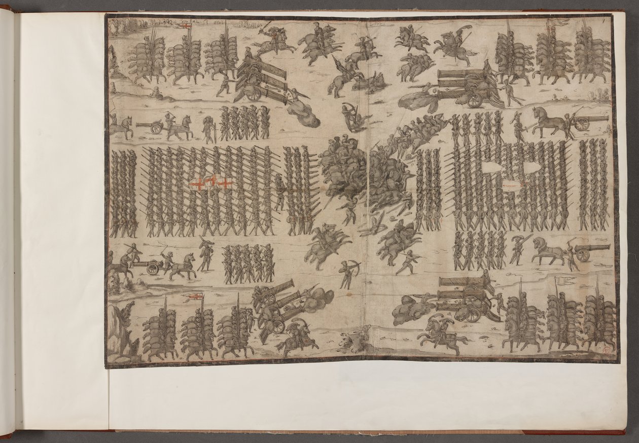 A battle. Armies in formation. Drawings of armies, soldiers, horses and harnesses, and other military scenes. 1500-1650 by School English