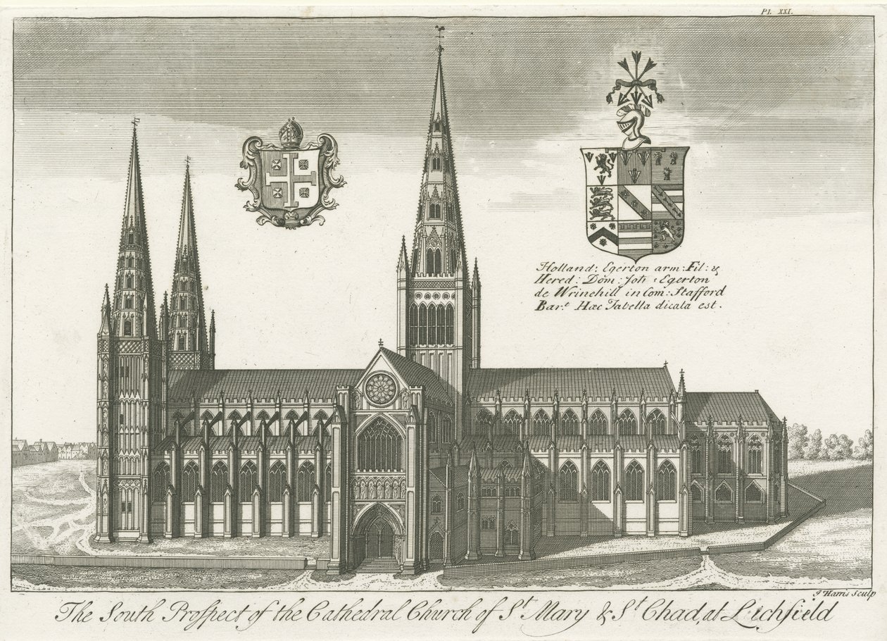 Lichfield Cathedral - South View: engraving by School English