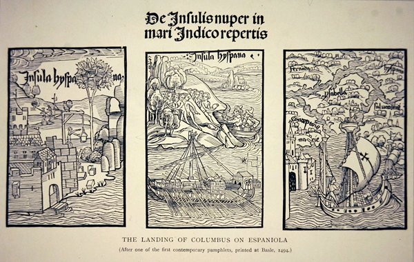 The landing of Columbus on Espaniola, after a contemporary pamphlet published at Basle in 1494 by School English